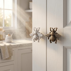 May include: Two decorative bee-shaped cabinet knobs. One is silver-toned, the other is bronze. The knobs are attached to a white cabinet door. The image is taken in a well-lit kitchen setting.