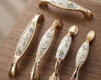 Gold Floral Ceramic Cabinet Pulls, Polished Brass Drawer Handles, Porcelain Flower Dresser Knobs, Luxury Kitchen Vanity Hardware Decor