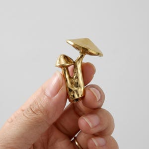 May include: A gold-colored mushroom-shaped object with two mushroom caps. The object is held in a hand against a white background. The mushrooms have a textured surface and are connected at the base.