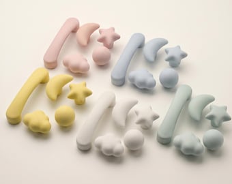 Puxadores de cerâmica em tons pastel para armários, com formato de lua, estrela e nuvem. Puxadores fofos para cômoda infantil, acessórios decorativos para móveis de berçário e penteadeira.