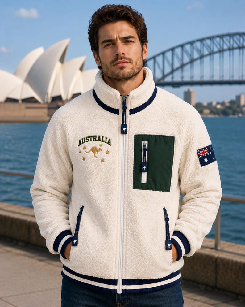 Australia Sherpa Fleece Jacket for Men in cream white teddy fleece with forest green chest pocket, navy ribbed collar and cuffs, Australian flag sleeve patch, kangaroo embroidery, Sydney Opera House background.