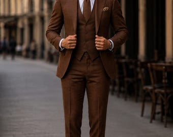 Brown Vintage 3 Piece Suit, Slim Fit Blazer Vest Pants, Old Money Style