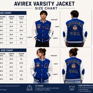 Professional varsity jacket size chart for men and women with detailed measurements and fit guide”