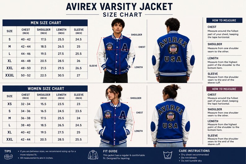 Professional varsity jacket size chart for men and women with detailed measurements and fit guide”