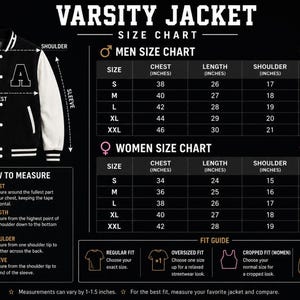 Varsity jacket size chart info graphic for men and women with measurement guide and fit instructions