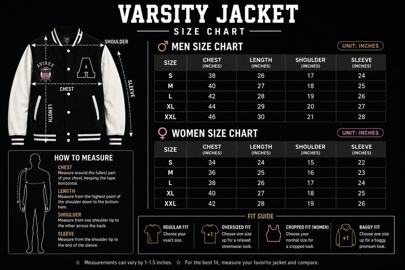Varsity jacket size chart info graphic for men and women with measurement guide and fit instructions