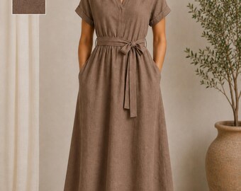 Women’s Belted Midi Outfit, Relaxed Summer Apparel, Minimalist Boho Pocketed Cottage core Fashion