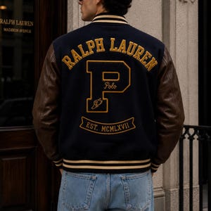 Puede incluir: Una chaqueta universitaria azul marino con mangas de cuero marrón y ribetes a rayas. La espalda presenta un bordado amarillo con el texto RALPH LAUREN, una letra P grande con la palabra Polo y una banda con el texto EST. MCMLXVII.