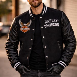 Kurtka motocyklowa Harley Biker Varsity męska czarna wełniana skórzana kurtka motocyklowa Streetwear