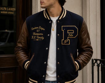 Retro Polo Inspired Varsity Jacket Embroidered Patchwork Bomber Jacket Casual Street wear Coat