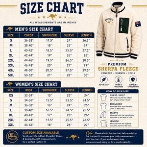 Australia Sherpa Fleece Jacket size chart showing men's and women's measurements including chest, shoulder, sleeve and length with custom sizing information and measuring guide.