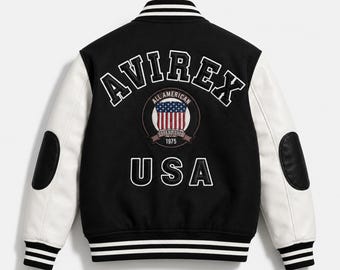 Vintage Varsity-jack in AVIREX-stijl heren dames baseball wollen leren jas