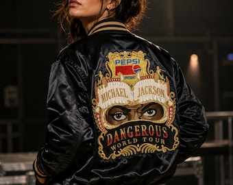 Michael Jackson – Gefährliche Welttournee Satin Bomberjacke - Bestickte Unisex-Schwarz-Uni-Jacke