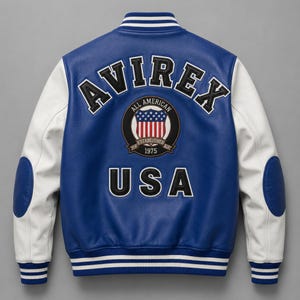 Blue and white varsity jacket back view with oversized AVIREX USA embroidery and premium leather sleeves”