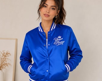 Custom Royal Blue Satin Varsity Jacket Streetwear Bomber Personalized Unisex Fashion Trendy Outerwear Apparel