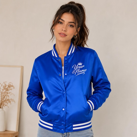 Custom Royal Blue Satin Varsity Jacket Streetwear Bomber Personalized Unisex Fashion Trendy Outerwear Apparel