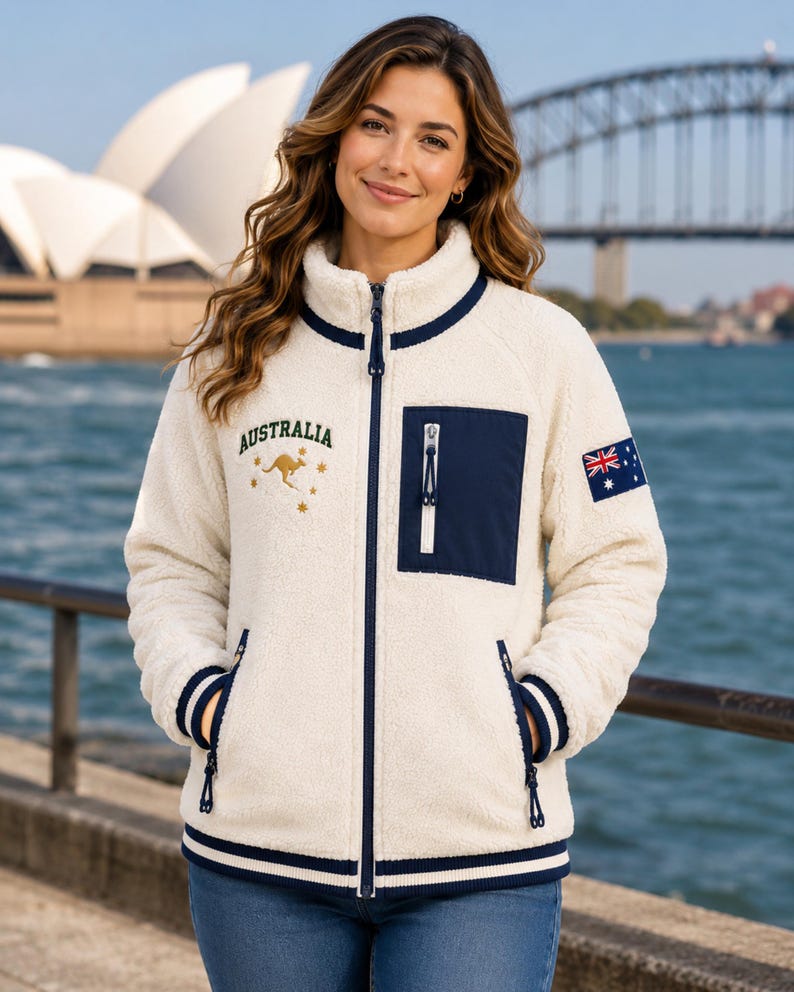 Women's Australia Sherpa Fleece Jacket in cream teddy fleece with navy chest pocket, navy rib trim, Australian flag sleeve patch, kangaroo embroidery and Sydney Opera House waterfront background.