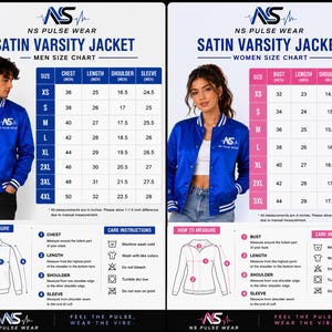 Men and women varsity jacket size chart with measurements care instructions and apparel fit guide.
