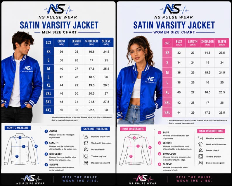 Men and women varsity jacket size chart with measurements care instructions and apparel fit guide.