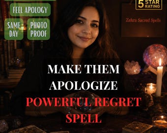 May include: A person sits behind a table with tarot cards, a crystal ball, and a lit candle. Text overlays read: MAKE THEM REGRET, FEEL APOLOGY, SAME DAY, PHOTO PROOF, 5 STAR RATING, Zehra Sacred Spells, MAKE THEM APOLOGIZE, POWERFUL REGRET SPELL.