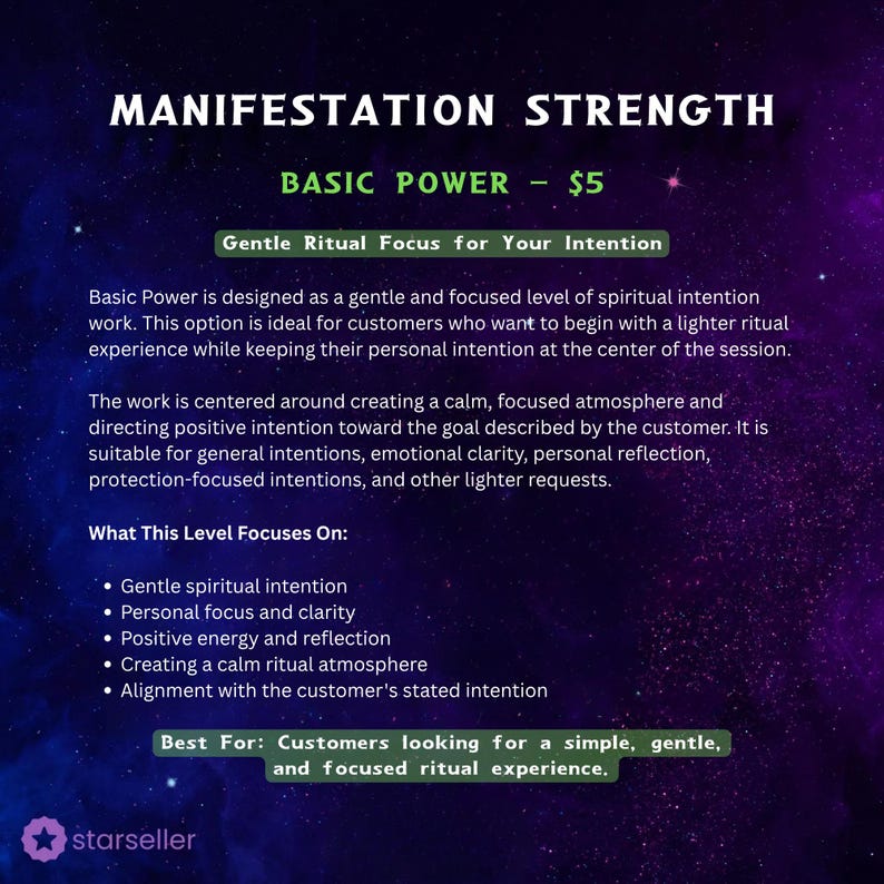 May include: A digital graphic with a dark purple and blue nebula background featuring white text that reads MANIFESTATION STRENGTH, BASIC POWER, Gentle Ritual Focus for Your Intention, and a list of focus points including spiritual intention.