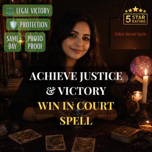 May include: A digital graphic featuring text that reads ACHIEVE JUSTICE & VICTORY WIN IN COURT SPELL. The image includes green labels for LEGAL VICTORY, PROTECTION, SAME DAY, and PHOTO PROOF, alongside a 5 STAR RATING for Zehra Sacred Spells.