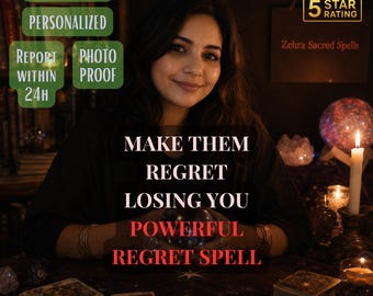 Könnte beinhalten: Eine Person sitzt hinter einem Tisch mit Tarotkarten, einer Kristallkugel und einer brennenden Kerze. Textüberlagerungen zeigen 100% PRIVATE, PERSONALIZED, REPORT WITHIN 24H, PHOTO PROOF, 5 STAR RATING, Zehra Sacred Spells und MAKE THEM REGRET LOSING YOU POWERFUL REGRET SPELL.