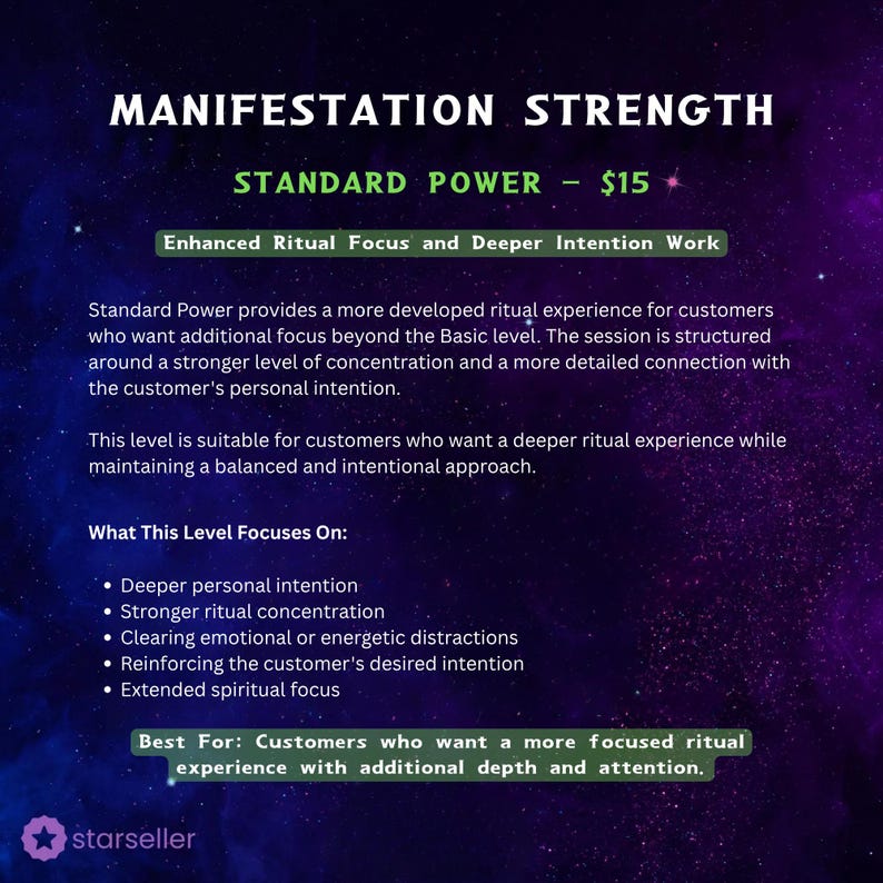May include: A digital graphic on a dark purple and blue nebula background titled MANIFESTATION STRENGTH. It details a Standard Power service, listing benefits like deeper personal intention, stronger ritual concentration, and extended spiritual focus.