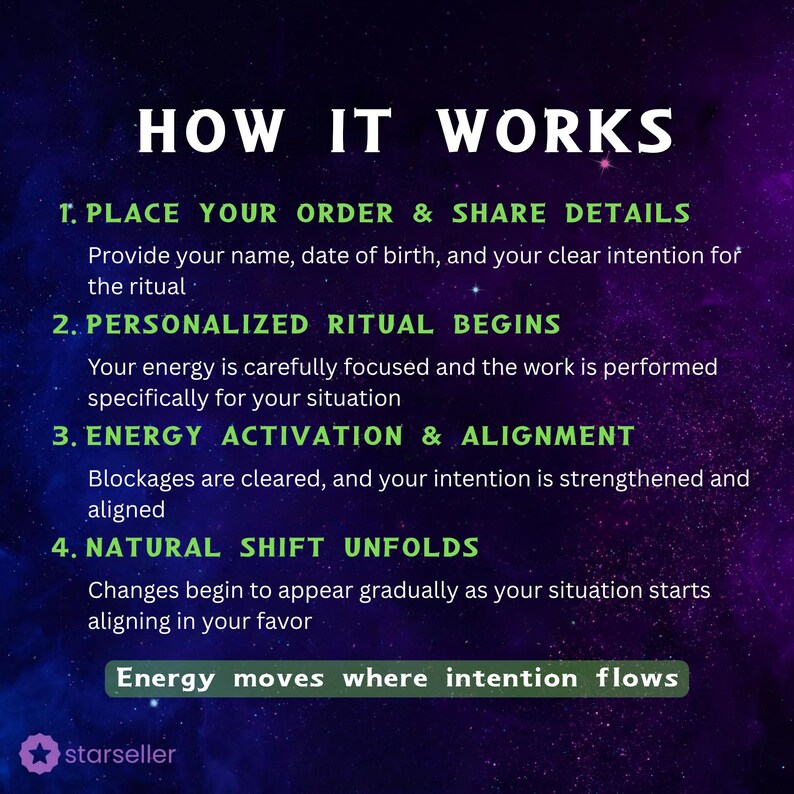 May include: A digital graphic with a dark purple and blue galaxy background featuring white and green text titled HOW IT WORKS. It lists four steps for a ritual service, ending with the phrase Energy moves where intention flows and a starseller logo.