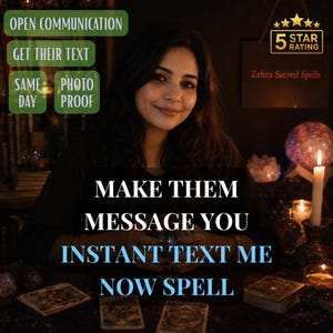 May include: A woman smiles in a dimly lit room with candles and tarot cards. Text includes "Open Communication," "Get Their Text," "Same Day Photo Proof," "Make Them Message You," "Instant Text Me Now Spell," and "Zehra Sacred Spells."