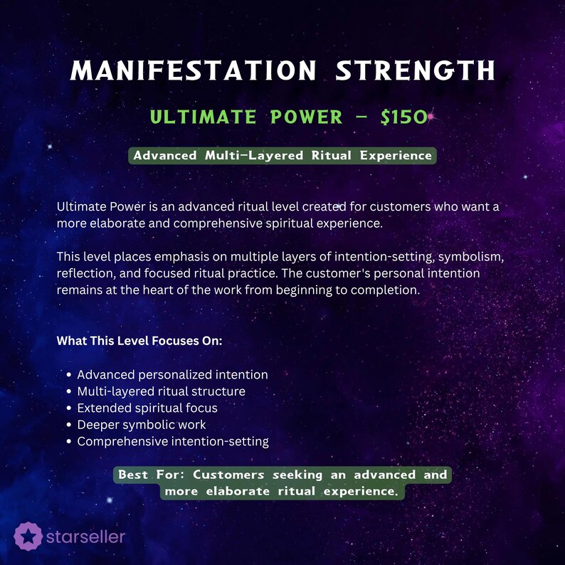 K&ouml;nnte beinhalten: Eine digitale Grafik mit einem dunkelvioletten und blauen Nebelhintergrund mit wei&szlig;em Text, der MANIFESTATION STRENGTH, ULTIMATE POWER und Advanced Multi-Layered Ritual Experience liest, gefolgt von beschreibendem Text &uuml;ber Ritualstufen.