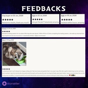 May include: A digital display titled FEEDBACKS featuring five-star reviews from Etsy buyers. The text includes customer testimonials about healing sessions and lost pets, alongside a photograph of a long-haired cat eating from a green bowl.