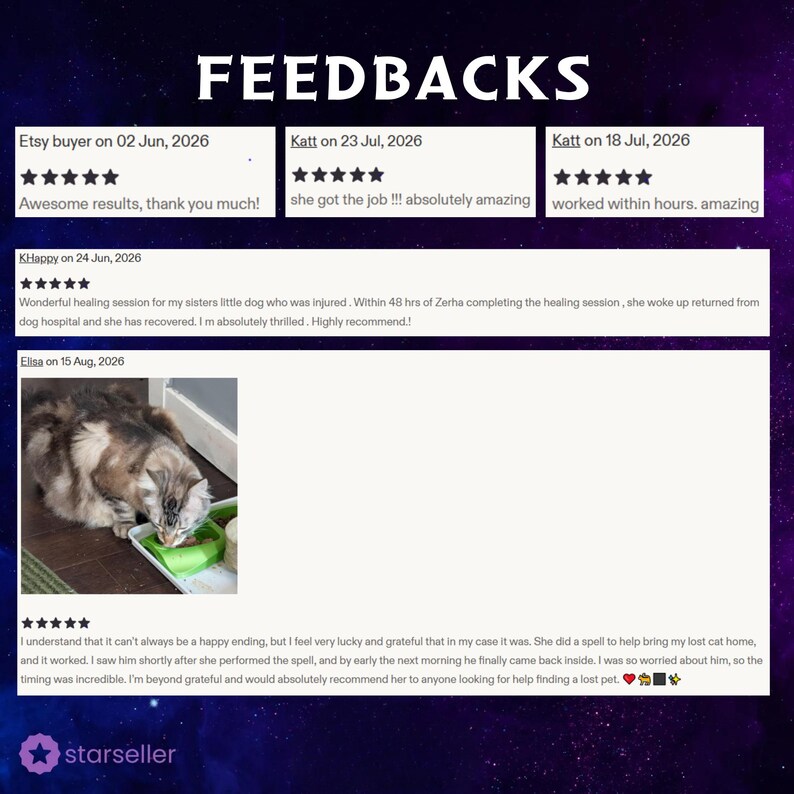 May include: A digital display titled FEEDBACKS featuring five-star reviews from Etsy buyers. The text includes customer testimonials about healing sessions and lost pets, alongside a photograph of a long-haired cat eating from a green bowl.