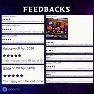 May include: A digital display titled FEEDBACKS featuring multiple five-star customer reviews. The text includes names, dates, and comments such as 'Came quick and powerful', 'Amazing spellcaster', and 'Highly recommend 10 out of 10'. One review includes a Route 66 slot machine image.