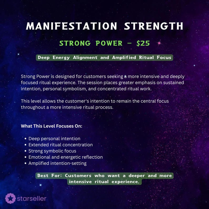 May include: A digital graphic with a dark purple and blue nebula background featuring the text MANIFESTATION STRENGTH, STRONG POWER, and a list of focus areas including deep personal intention, extended ritual concentration, and strong symbolic focus.