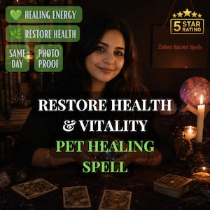 以下が含まれることがあります： RESTORE HEALTH & VITALITY PET HEALING SPELL、HEALING ENERGY、RESTORE HEALTH、SAME DAY、PHOTO PROOF、5 STAR RATING、Zehra Sacred Spellsというテキストが記載されたデジタル画像。テーブルの後ろにいる暗い髪の人物が写っている。