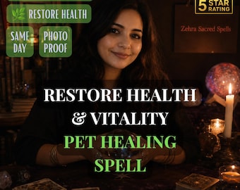 May include: A digital graphic featuring the text RESTORE HEALTH & VITALITY PET HEALING SPELL, with green badges labeled HEALING ENERGY, RESTORE HEALTH, SAME DAY, and PHOTO PROOF. A 5 STAR RATING badge for Zehra Sacred Spells is visible.