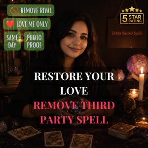 May include: An image featuring a woman smiling, with text overlayed that reads "RESTORE YOUR LOVE" and "REMOVE THIRD PARTY SPELL." Additional text includes "REMOVE RIVAL," "LOVE ME ONLY," "SAME DAY," and "PHOTO PROOF." A 5-star rating is also displayed.