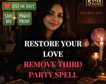 May include: A person sits behind a table with tarot cards, a crystal ball, and a lit candle. Text overlays read: REMOVE RIVAL, LOVE ME ONLY, SAME DAY PHOTO PROOF, 5 STAR RATING, Zehra Sacred Spells, RESTORE YOUR LOVE, REMOVE THIRD PARTY SPELL.
