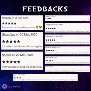 May include: A digital display titled FEEDBACKS featuring multiple five-star customer reviews with names, dates, and written comments. The background is a dark purple space-themed image with stars. The text includes various testimonials about services.