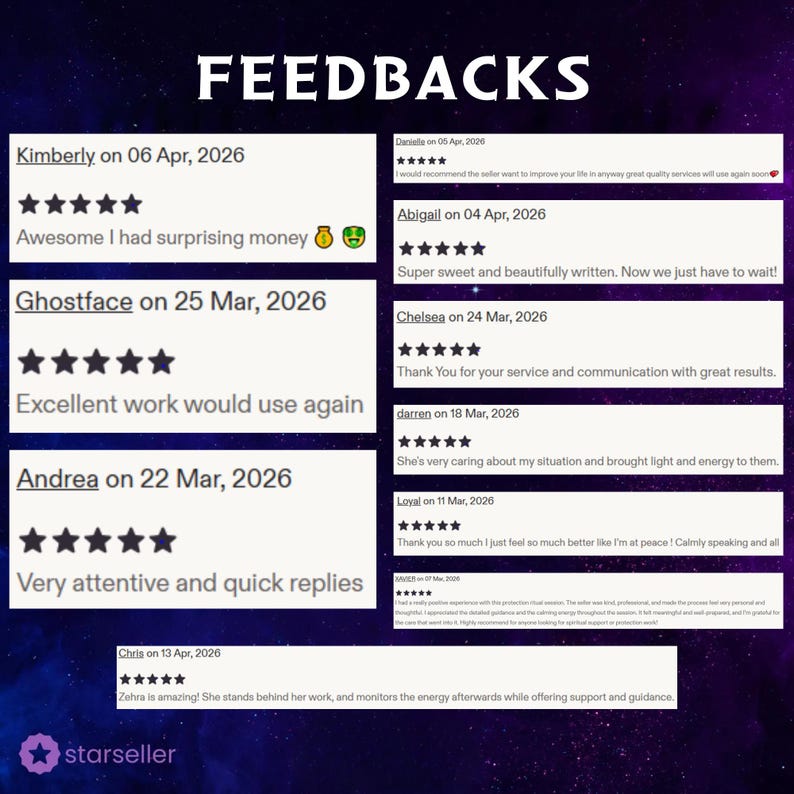 May include: A digital display titled FEEDBACKS featuring multiple five-star customer reviews with names, dates, and written comments. The background is a dark purple space-themed image with stars. The text includes various testimonials about services.