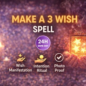 May include: An image advertising a 3-wish spell service. The text "MAKE A 3 WISH SPELL" is displayed above a purple circle with "24H SAME DAY". Icons for wish manifestation, intention ritual, and photo proof are included.