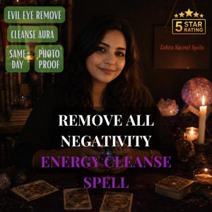 May include: A woman smiles in a dimly lit room, with text overlaying the image. The text includes phrases like "Evil Eye Remove," "Cleanse Aura," and "Remove All Negativity." A glowing crystal ball and lit candle are visible.