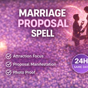 Op de afbeelding: Een paarse achtergrond met de woorden "MARRIAGE PROPOSAL SPELL" in het wit. De afbeelding bevat een silhouet van een stel, een hartvorm en tekst die wijst op aantrekkingskracht, voorstelmanifestatie en fotobewijs. Er wordt een 24-uurs service op dezelfde dag geadverteerd.