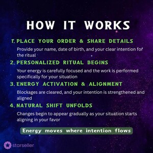 K&ouml;nnte beinhalten: Eine digitale Grafik mit einem dunkelvioletten und blauen Galaxie-Hintergrund mit wei&szlig;em und gr&uuml;nem Text mit dem Titel HOW IT WORKS. Sie listet vier Schritte f&uuml;r einen Ritualservice auf, die mit dem Satz Energy moves where intention flows und einem starseller-Logo enden.