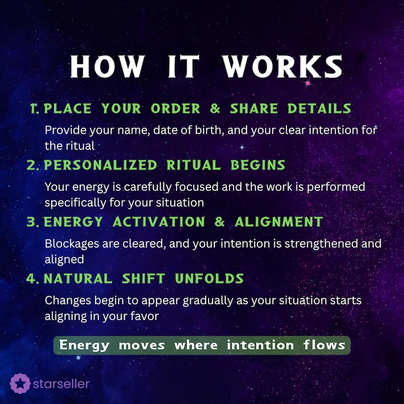 K&ouml;nnte beinhalten: Eine digitale Grafik mit einem dunkelvioletten und blauen Galaxie-Hintergrund mit wei&szlig;em und gr&uuml;nem Text mit dem Titel HOW IT WORKS. Sie listet vier Schritte f&uuml;r einen Ritualservice auf, die mit dem Satz Energy moves where intention flows und einem starseller-Logo enden.