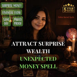 Op de afbeelding: Een digitale afbeelding met de tekst SURPRISE MONEY, FINANCIAL FLOW, SAME DAY, PHOTO PROOF, 5 STAR RATING, Zehra Sacred Spells en ATTRACT SURPRISE WEALTH UNEXPECTED MONEY SPELL, geplaatst over een persoon die achter een tafel met tarotkaarten zit.