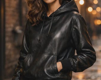 Handgefertigter Leder-Hoodie für Damen in Schwarz im Vintage-Style