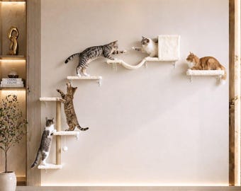 Modern Cat Wall Shelves Set with Bed, Bridge And Scratcher | Wooden Wall Mounted Cat Furniture for Climbing