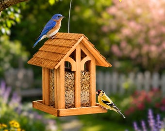Wooden Bird Feeder for Outdoor | Wild Bird Feeder for Backyard, Patio & Garden | Birdfeeder with Large Seed Capacity